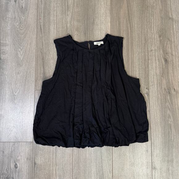 Madewell Sleeveless Crew Neck Bubble Top SZ L Jet Black Pullover Stretch Cotton - Picture 3 of 7
